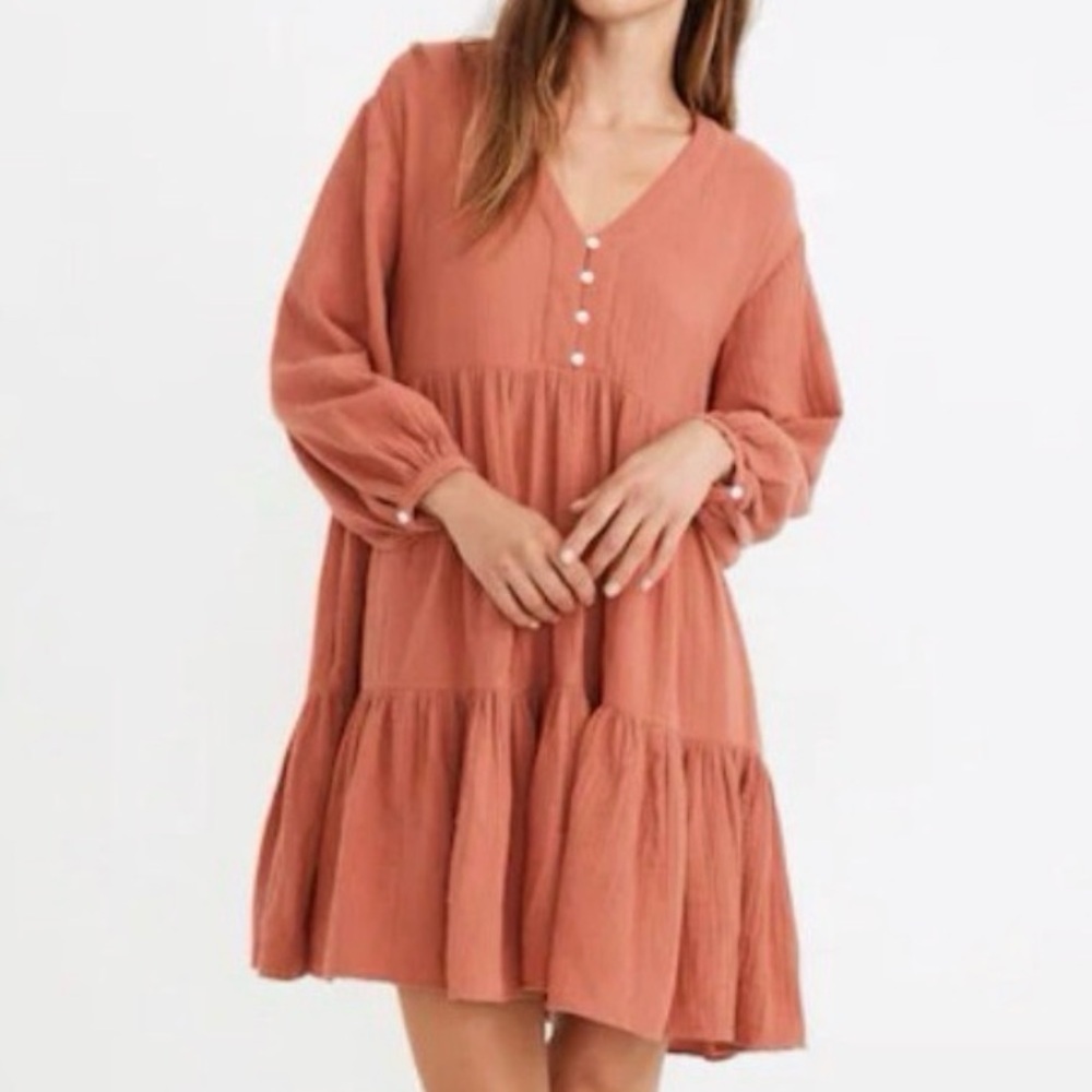 Madewell Colette Shift Dress Long Sleeves Double Gauze Pockets 6 Boho Western
